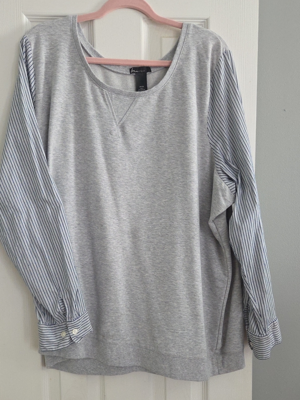 Lane Bryant Gray Pullover with Blue-Striped Shirt Sleeves